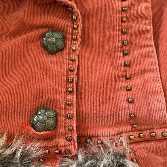 Corduroy jacket. Fur cuffs. pumpkin color with brass studs & buttons. So unique! - Picture 10 of 10
